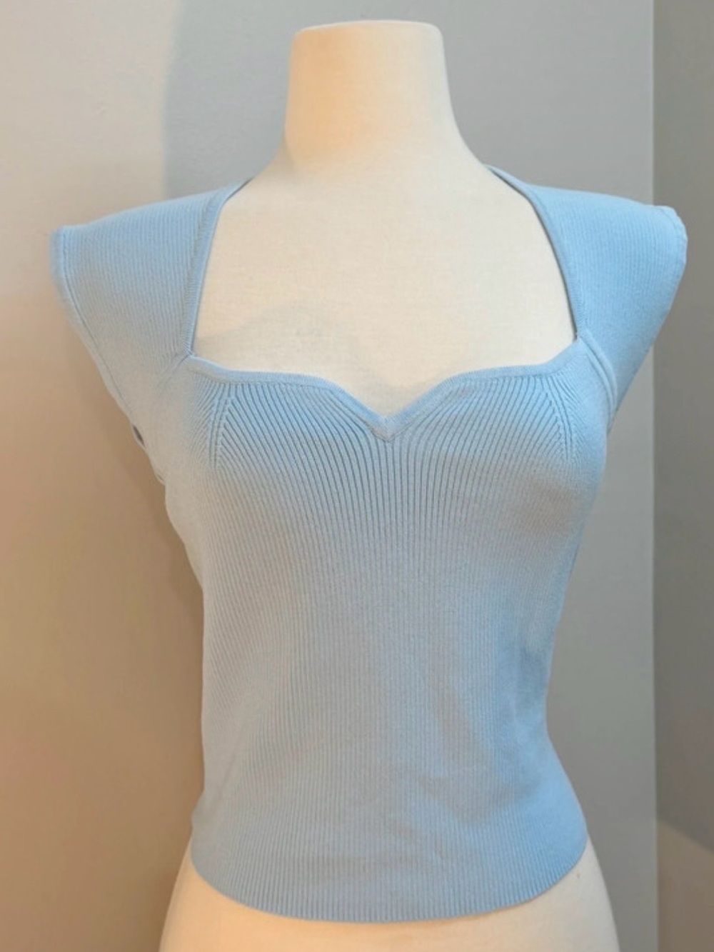Powder Blue Ribbed Knit Sweetheart Neckline Cap Sleeve Top NWOT